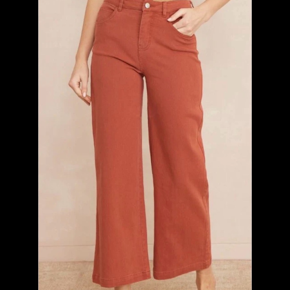 Entro High Rise Wide Leg Denim Jeans Womens Size Large Rust Red Bohemian Stretch